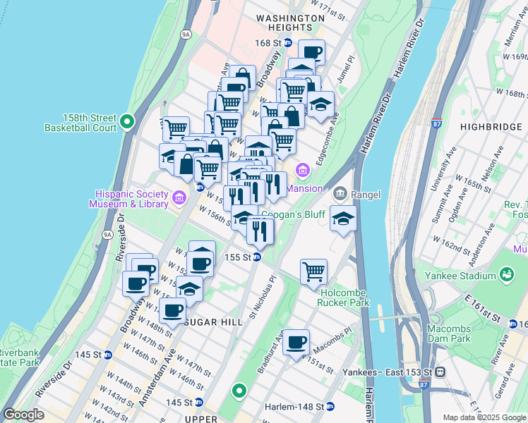 map of restaurants, bars, coffee shops, grocery stores, and more near 955 Saint Nicholas Avenue in New York