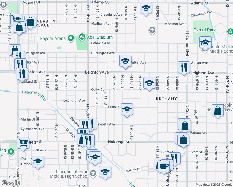 map of restaurants, bars, coffee shops, grocery stores, and more near 2030 North 59th Street in Lincoln