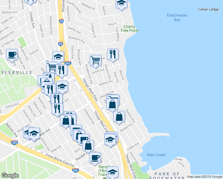 map of restaurants, bars, coffee shops, grocery stores, and more near 905 Clarence Avenue in The Bronx