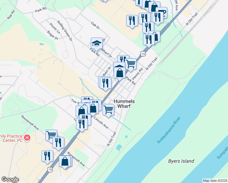 map of restaurants, bars, coffee shops, grocery stores, and more near 1786 North Susquehanna Trail in Hummels Wharf
