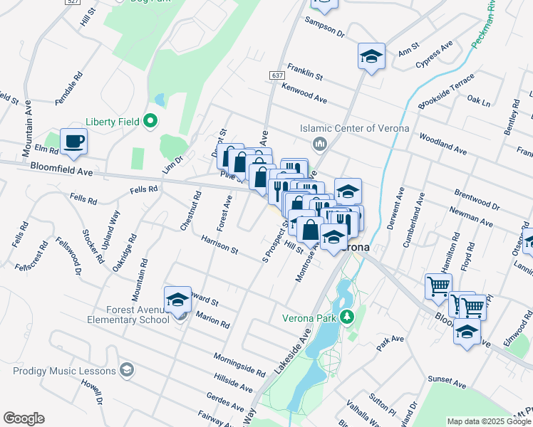 map of restaurants, bars, coffee shops, grocery stores, and more near 17 East Lincoln Street in Verona