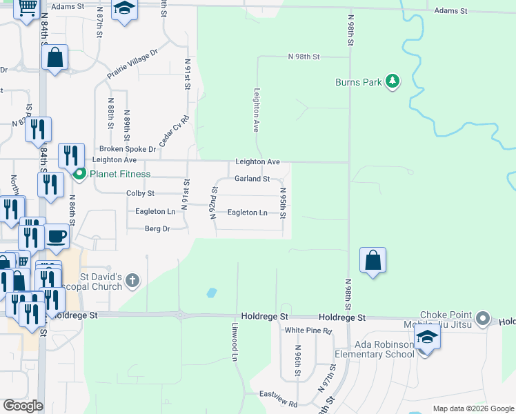 map of restaurants, bars, coffee shops, grocery stores, and more near 9340 Eagleton Lane in Lincoln