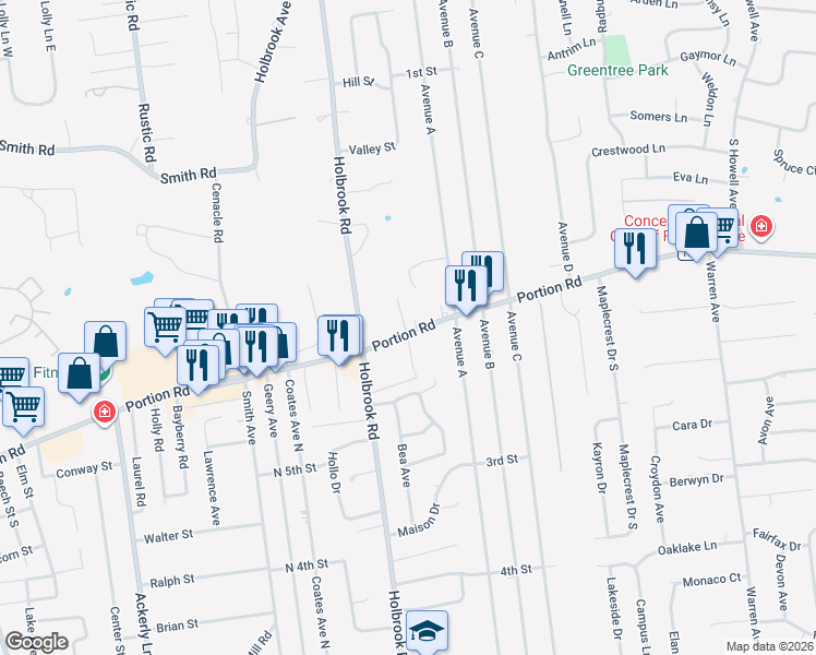 map of restaurants, bars, coffee shops, grocery stores, and more near 775 Portion Road in Ronkonkoma