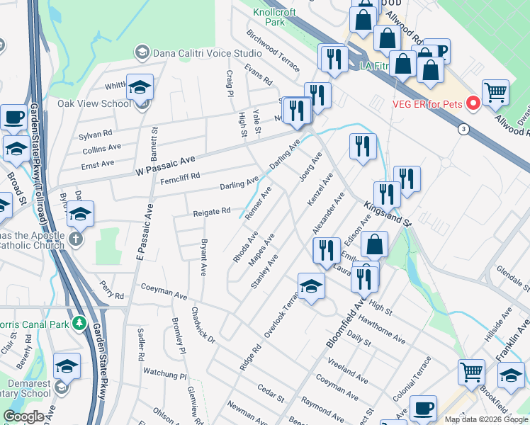 map of restaurants, bars, coffee shops, grocery stores, and more near 39 Rhoda Avenue in Nutley