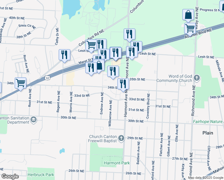 map of restaurants, bars, coffee shops, grocery stores, and more near 3126 34th Street Northeast in Canton