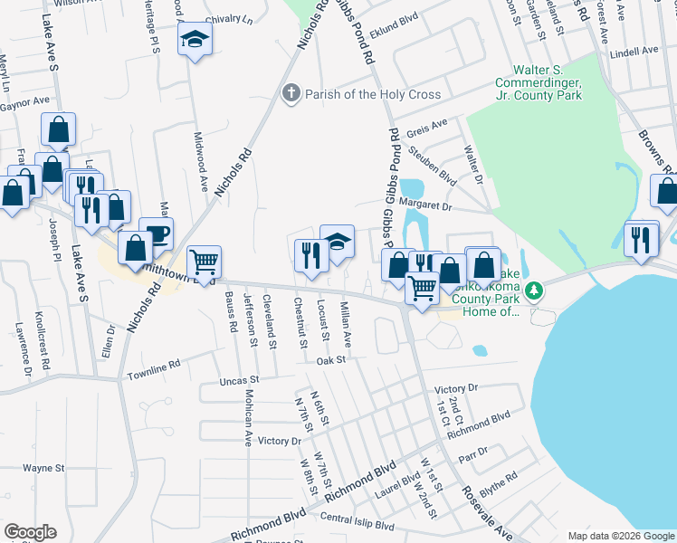 map of restaurants, bars, coffee shops, grocery stores, and more near 301 Smithtown Boulevard in Nesconset