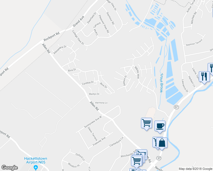 map of restaurants, bars, coffee shops, grocery stores, and more near 246 Riva Drive in Hackettstown