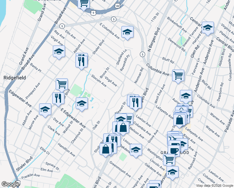 map of restaurants, bars, coffee shops, grocery stores, and more near 722 Oak Street in Ridgefield