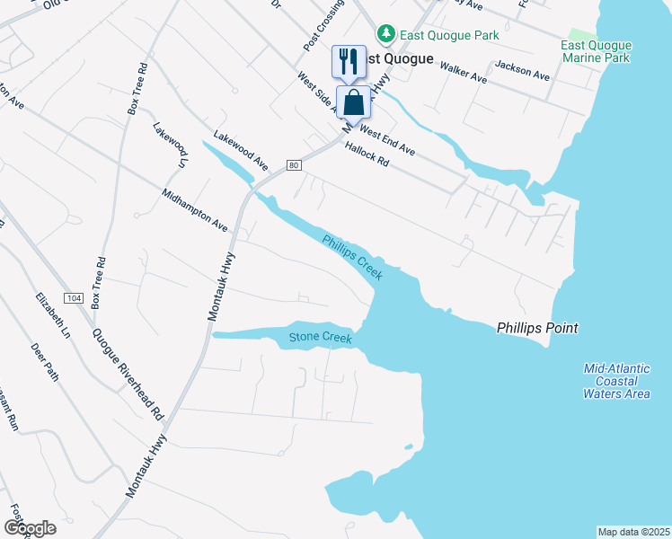 map of restaurants, bars, coffee shops, grocery stores, and more near 21 Old Point Road in Quogue