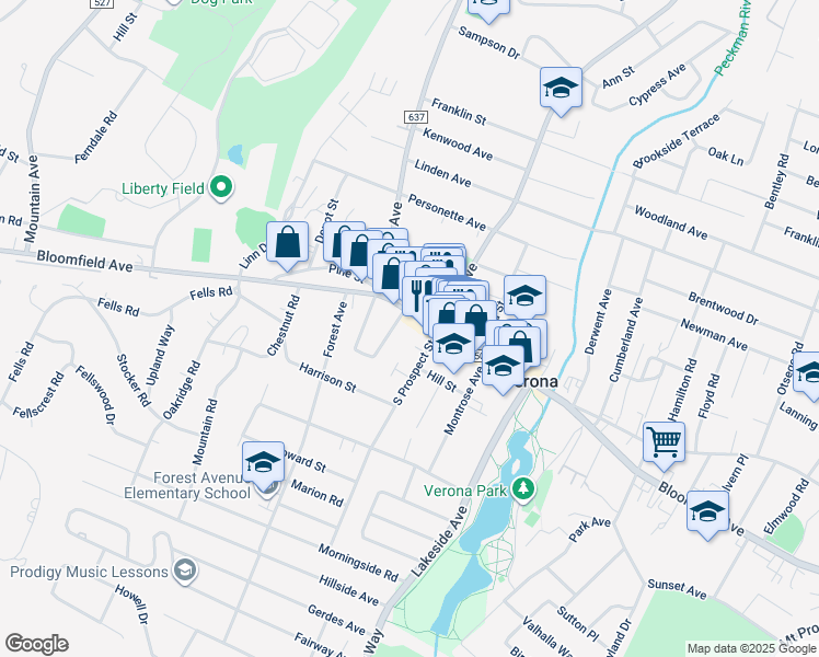 map of restaurants, bars, coffee shops, grocery stores, and more near 17 East Lincoln Street in Verona
