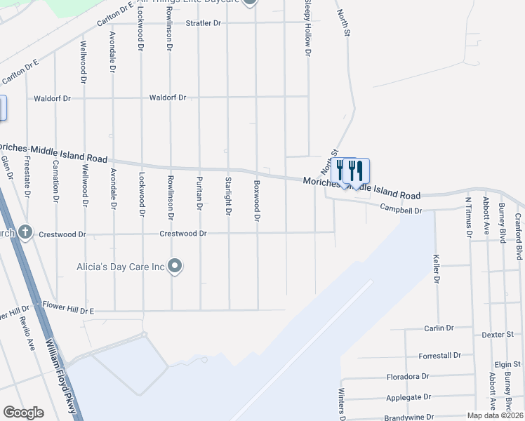 map of restaurants, bars, coffee shops, grocery stores, and more near 426 Boxwood Drive in Shirley