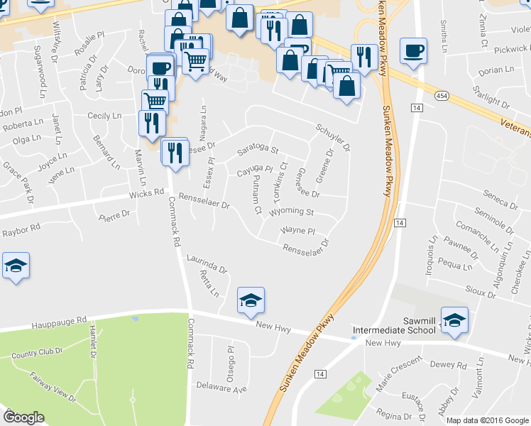 map of restaurants, bars, coffee shops, grocery stores, and more near 19 Putnam Court in Commack