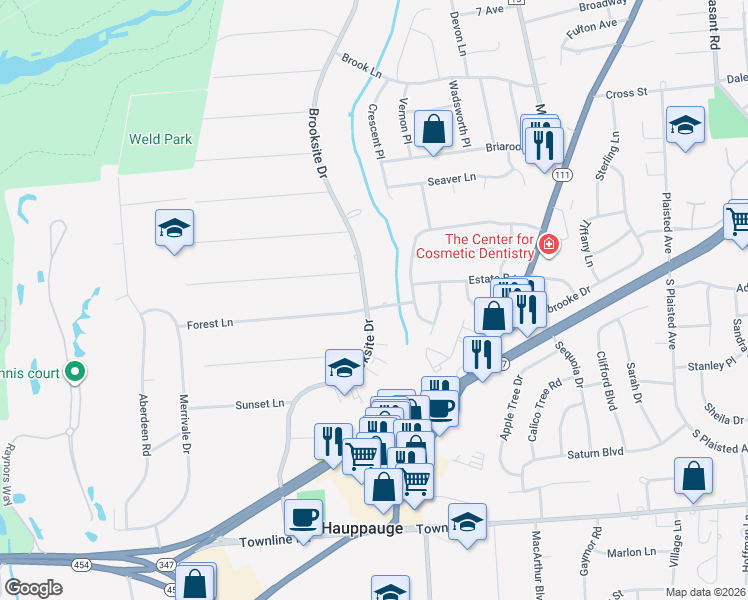 map of restaurants, bars, coffee shops, grocery stores, and more near 56 Forest Lane in Smithtown