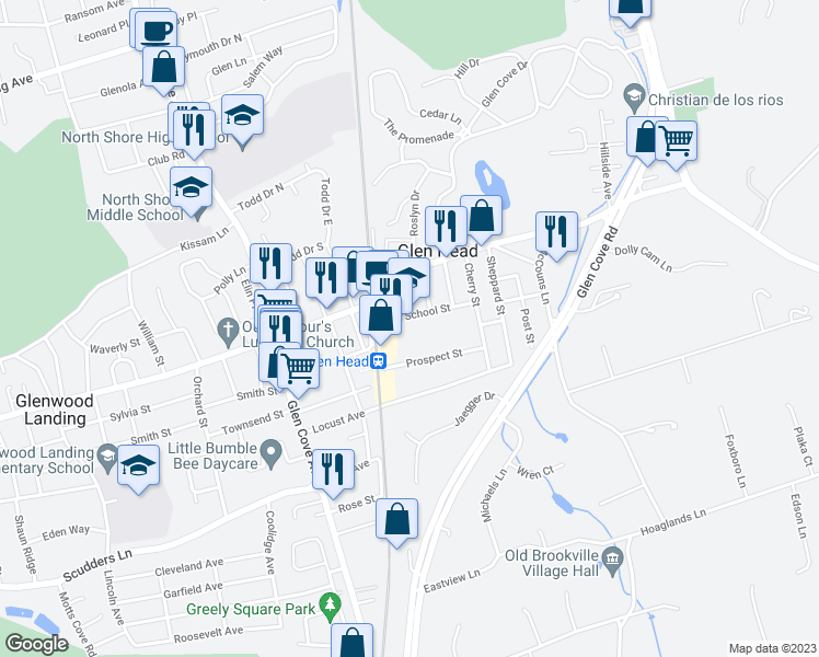 map of restaurants, bars, coffee shops, grocery stores, and more near 5 School Street in Glen Head