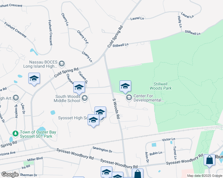 map of restaurants, bars, coffee shops, grocery stores, and more near South Woods Road in Woodbury