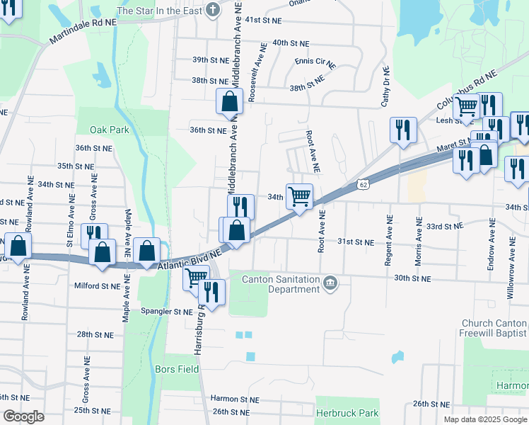 map of restaurants, bars, coffee shops, grocery stores, and more near 3228 Roosevelt Avenue Northeast in Canton