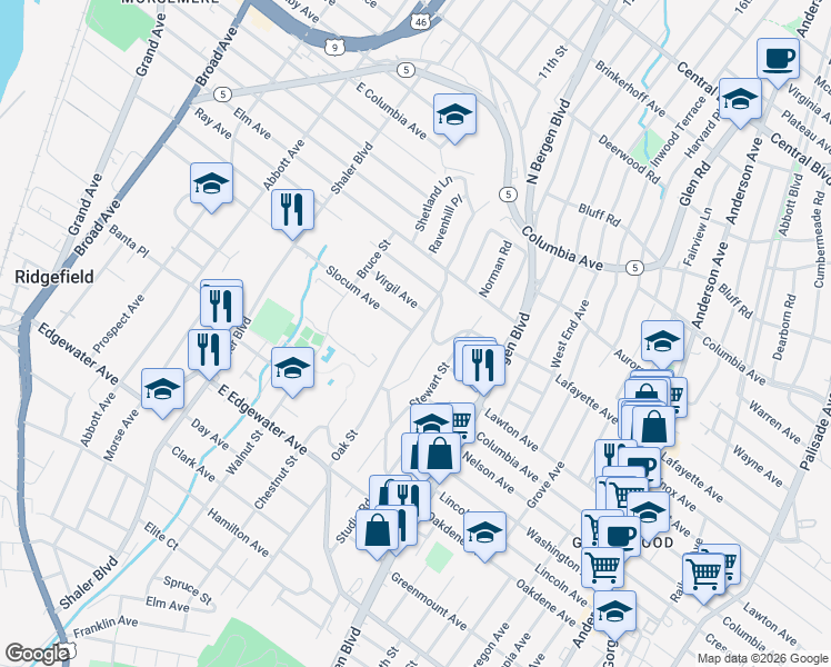 map of restaurants, bars, coffee shops, grocery stores, and more near 722 Oak Street in Ridgefield