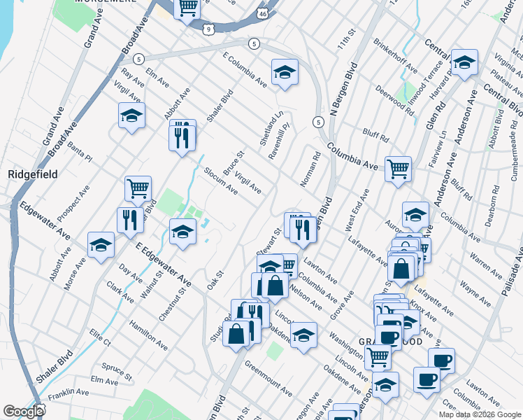 map of restaurants, bars, coffee shops, grocery stores, and more near 722 Oak St in Ridgefield