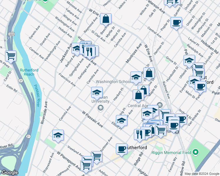 map of restaurants, bars, coffee shops, grocery stores, and more near 165 Montross Avenue in Rutherford