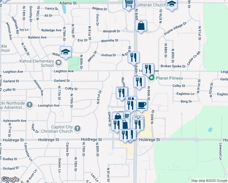 map of restaurants, bars, coffee shops, grocery stores, and more near 8106 Oshel Avenue in Lincoln