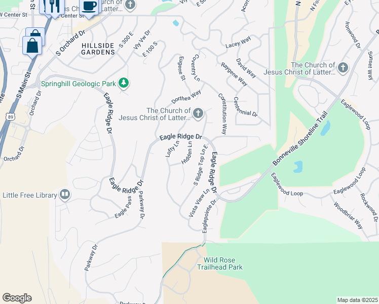map of restaurants, bars, coffee shops, grocery stores, and more near 452 Hidden Lane in North Salt Lake
