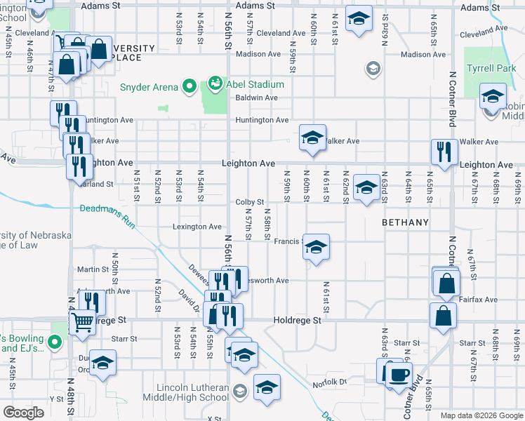 map of restaurants, bars, coffee shops, grocery stores, and more near 2027 North 58th Street in Lincoln