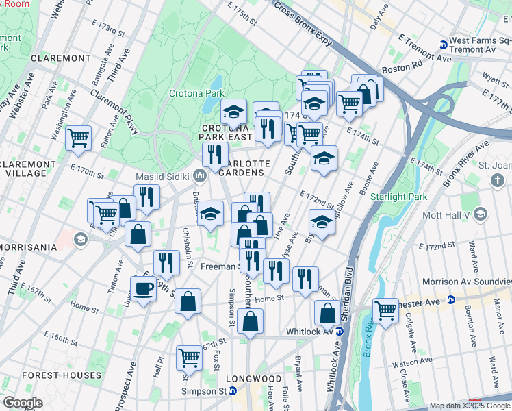map of restaurants, bars, coffee shops, grocery stores, and more near 1421 Minford Place in Bronx