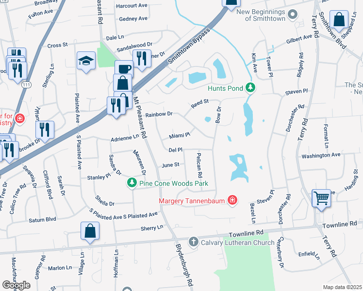 map of restaurants, bars, coffee shops, grocery stores, and more near 27 Del Place in Hauppauge