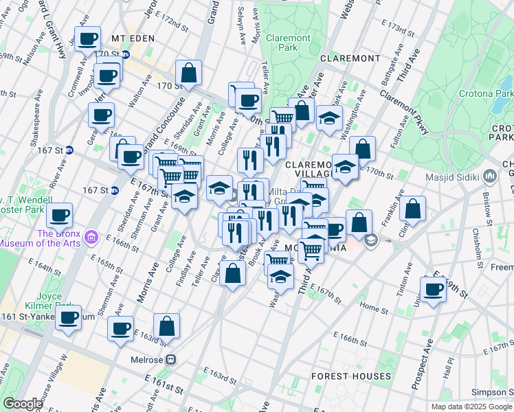map of restaurants, bars, coffee shops, grocery stores, and more near 1241 Webster Avenue in Bronx