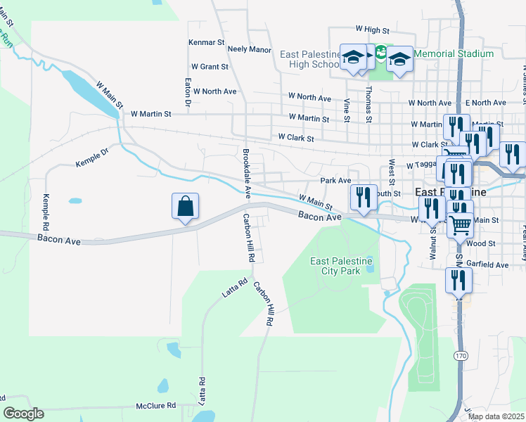 map of restaurants, bars, coffee shops, grocery stores, and more near 603 Ohio 558 in East Palestine