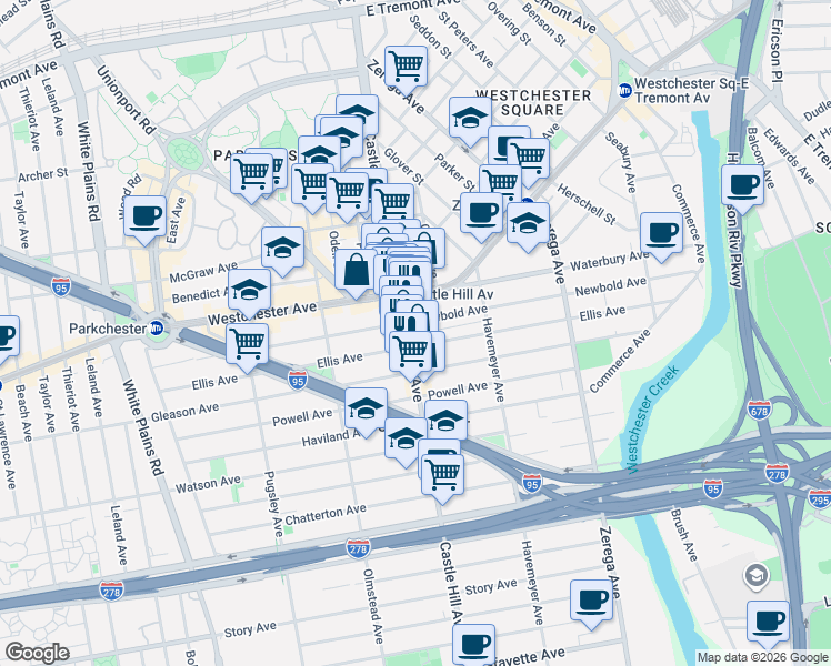 map of restaurants, bars, coffee shops, grocery stores, and more near 1236 Castle Hill Avenue in Bronx