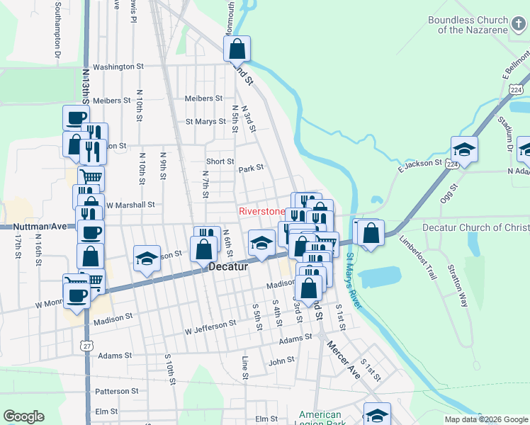 map of restaurants, bars, coffee shops, grocery stores, and more near 322 N 4th St in Decatur