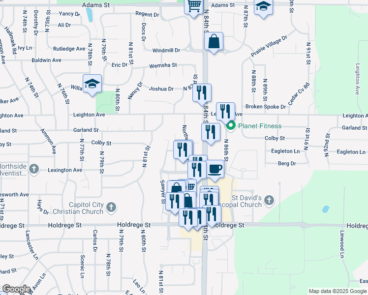 map of restaurants, bars, coffee shops, grocery stores, and more near 2033 Northwoods Drive in Lincoln