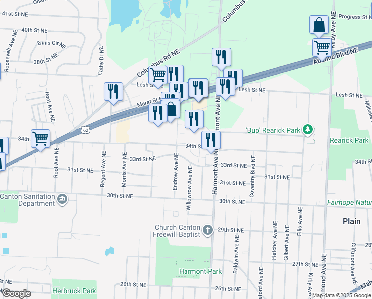 map of restaurants, bars, coffee shops, grocery stores, and more near 3126 34th Street Northeast in Canton