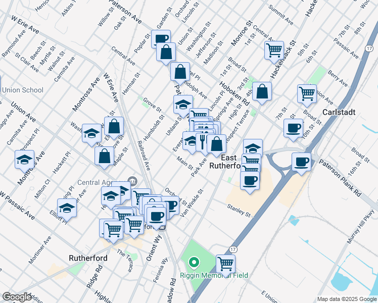 map of restaurants, bars, coffee shops, grocery stores, and more near 135 Boiling Springs Avenue in East Rutherford