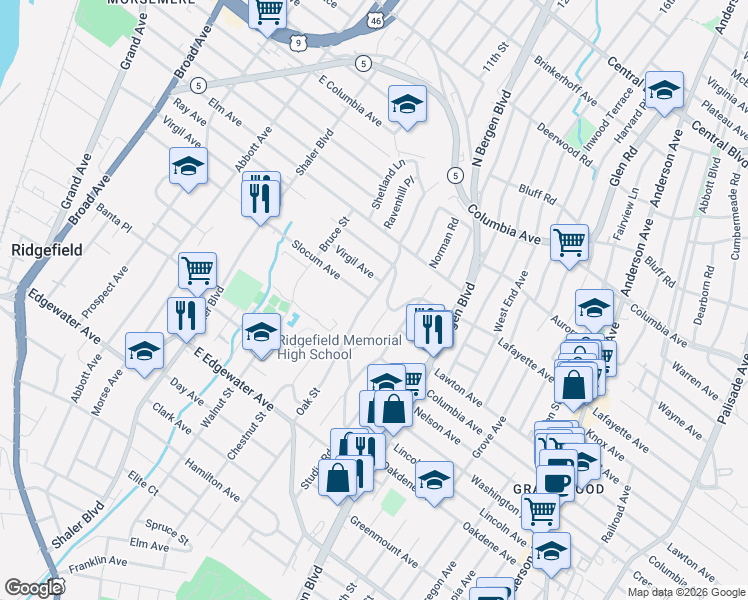 map of restaurants, bars, coffee shops, grocery stores, and more near 722 Oak Street in Ridgefield