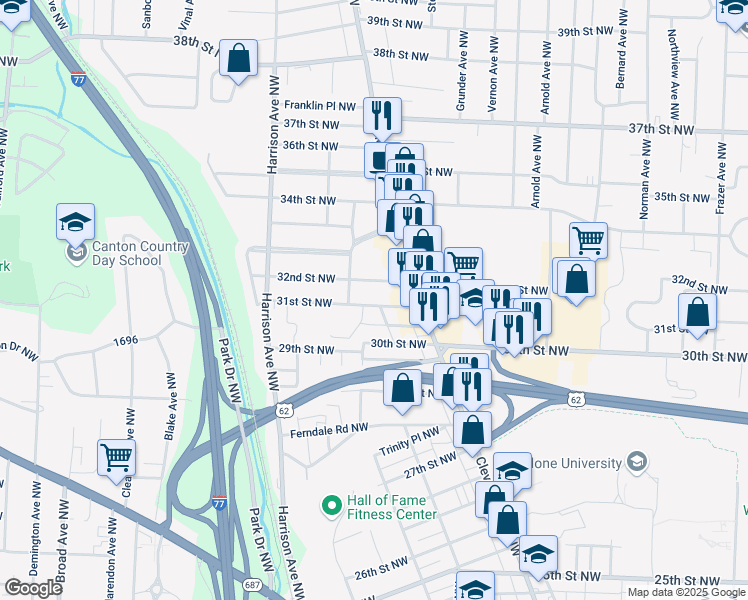 map of restaurants, bars, coffee shops, grocery stores, and more near 1727 31st Street Northwest in Canton