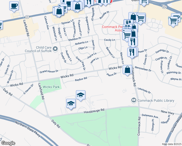 map of restaurants, bars, coffee shops, grocery stores, and more near 130 Wicks Road in Commack