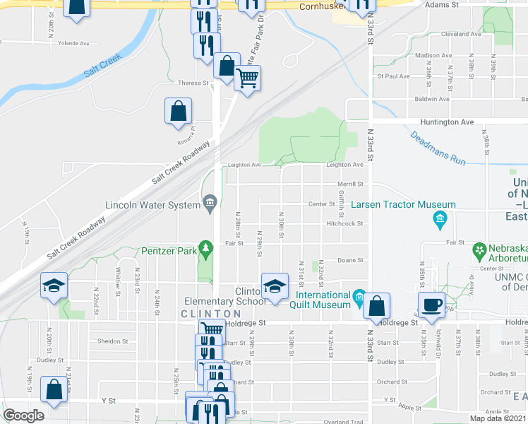 map of restaurants, bars, coffee shops, grocery stores, and more near 2030 North 29th Street in Lincoln