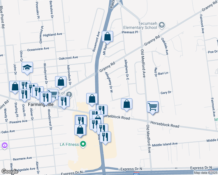 map of restaurants, bars, coffee shops, grocery stores, and more near 16 Allegheny Drive West in Farmingville