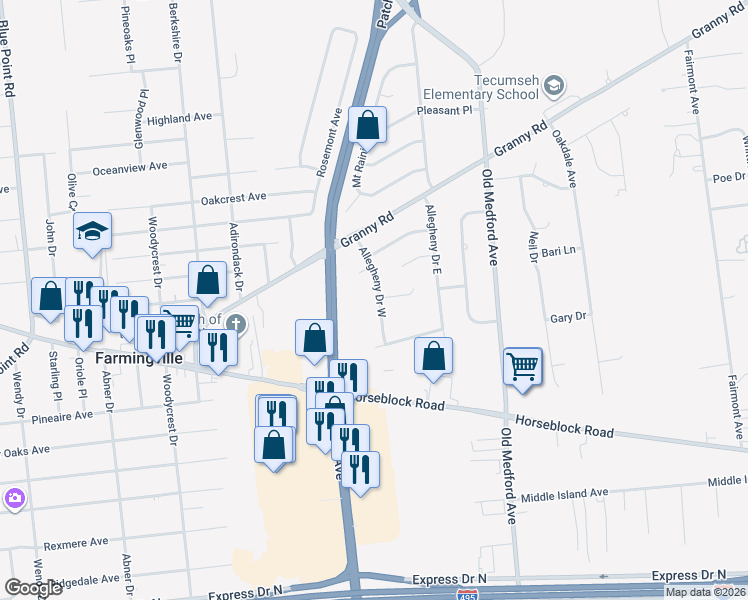 map of restaurants, bars, coffee shops, grocery stores, and more near 16 Allegheny Drive West in Farmingville