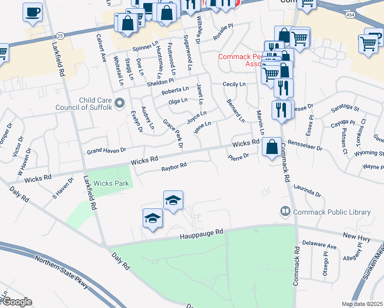 map of restaurants, bars, coffee shops, grocery stores, and more near 130 Wicks Road in Commack