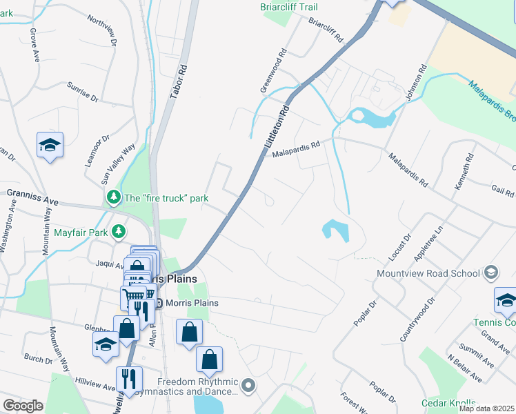 map of restaurants, bars, coffee shops, grocery stores, and more near 5 Totten Way in Morris Plains