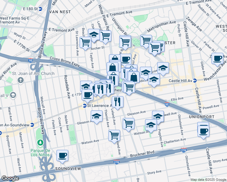 map of restaurants, bars, coffee shops, grocery stores, and more near 1885 Westchester Avenue in The Bronx