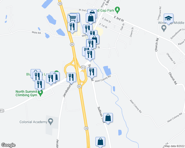 map of restaurants, bars, coffee shops, grocery stores, and more near 6669 Sullivan Trail in Wind Gap