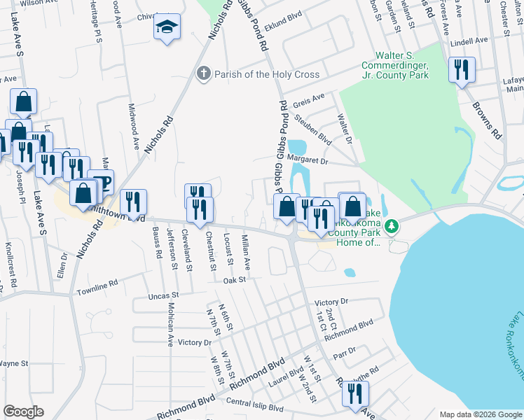 map of restaurants, bars, coffee shops, grocery stores, and more near 301 Smithtown Boulevard in Nesconset