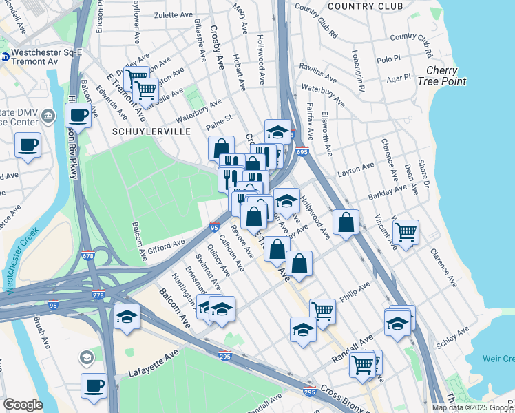 map of restaurants, bars, coffee shops, grocery stores, and more near in The Bronx