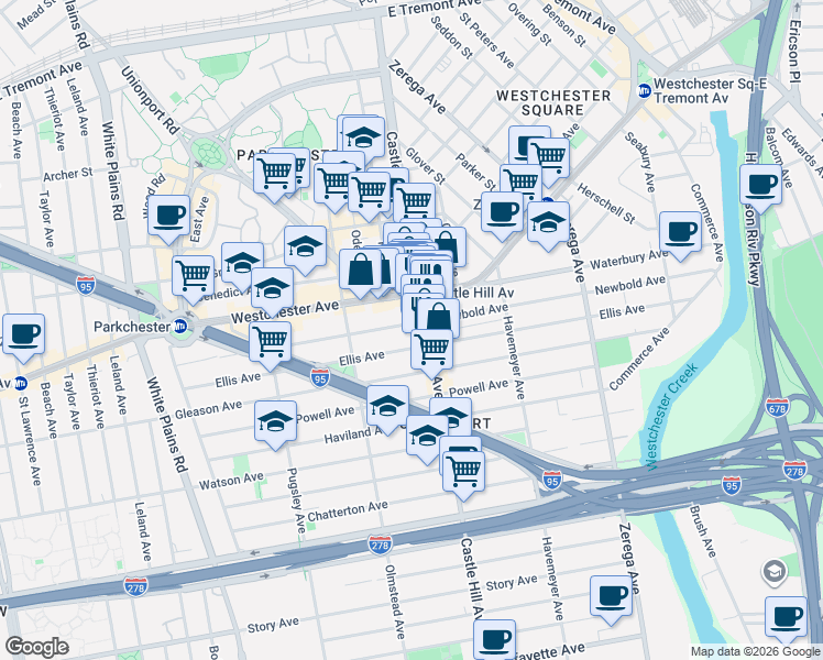 map of restaurants, bars, coffee shops, grocery stores, and more near 2148 Newbold Avenue in Bronx