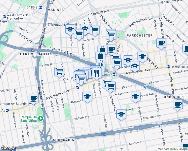 map of restaurants, bars, coffee shops, grocery stores, and more near 1316 Thieriot Avenue in Bronx