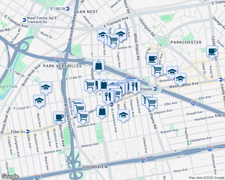 map of restaurants, bars, coffee shops, grocery stores, and more near 1304 Saint Lawrence Avenue in The Bronx